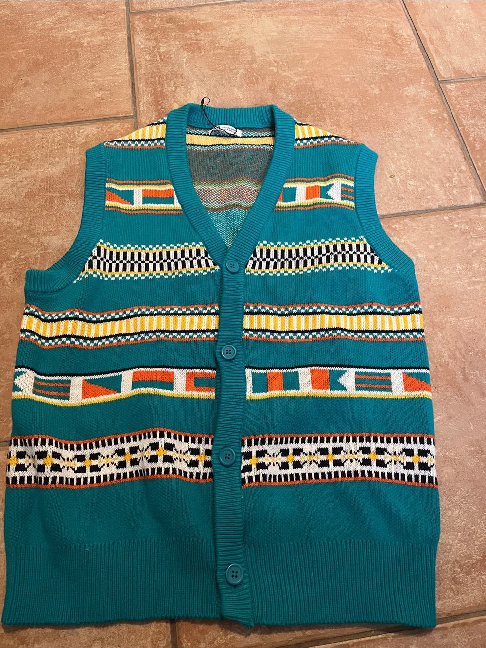 Zara Teal Geometric Knit Cardigan Vest